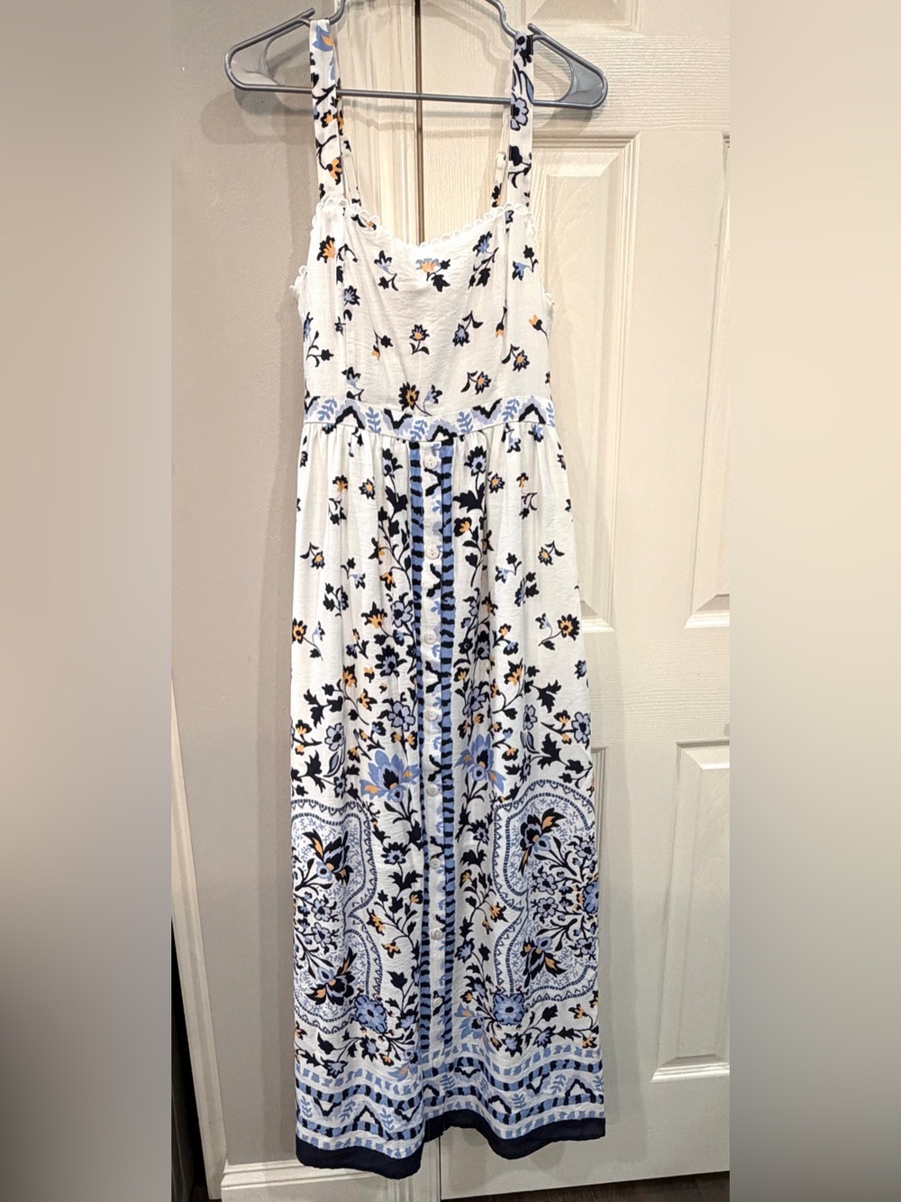 Skies are blue White Floral Maxi Sundress with Blue and Gold Accents
